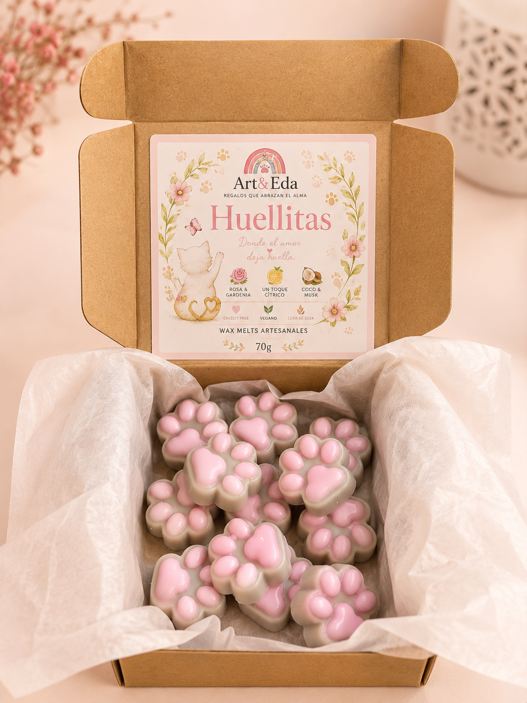 Wax Melts 🐾 Huellitas 🐾 | Rosa, Gardenia, Toque Cítrico, Cedro & Musk